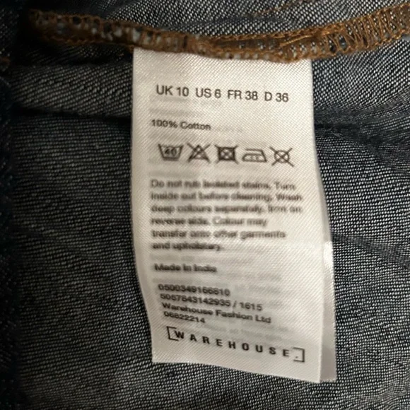 Warehouse Denim Mini Dress Sleeveless Tie Waist Pockets Dark Wash Size 6 Small - Picture 10 of 10